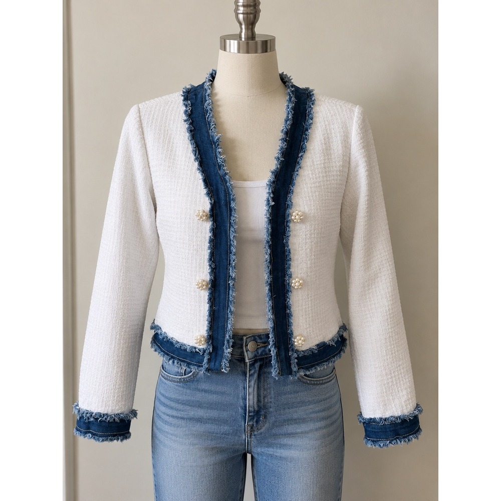 On Twelfth White Tweed Frayed Denim Trim Pearl Button Cropped Jacket Large